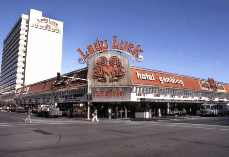 Lady Luck hotel tower and corner casino entrance before the transformation